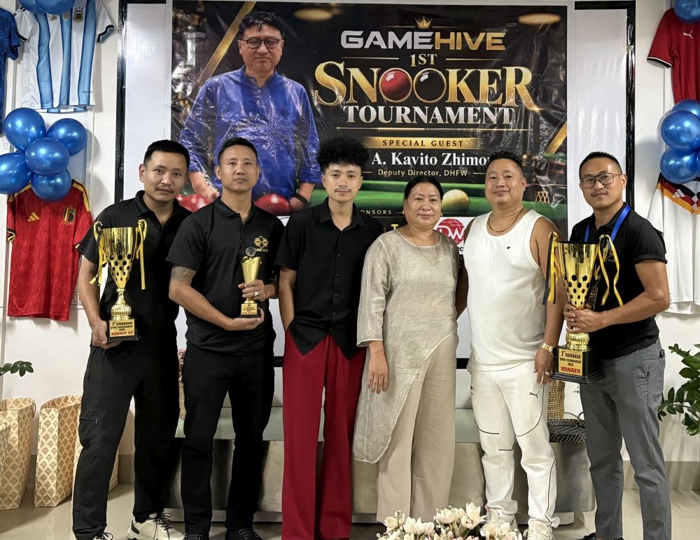 Officials along with the winners pose for a photo during the inaugural Gamehive Open Snooker Tournament 2026, held at Gamehive, 7th Mile Junction, Chümoukedima on October 21.